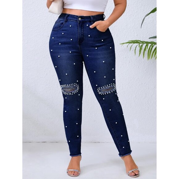 Women Skinny Stretch Denim Jeans Mid Rise Pearl Embellished Frayed Ripped - Picture 4 of 6